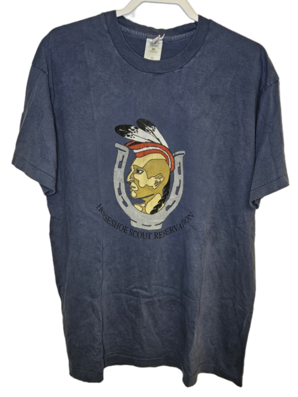 Vintage Horseshoe Scout Reservation T Shirt Single Stitch USA Blue BSA